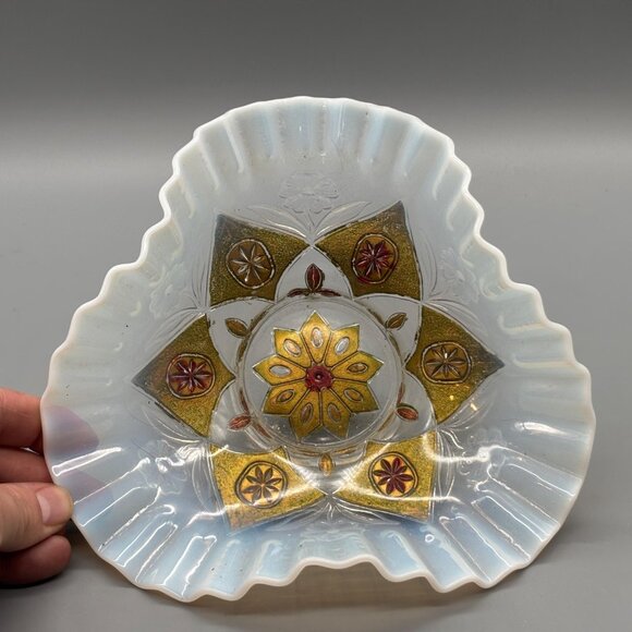Antique Goofus Glass Bowl Opalescent Ruffled Edge Hand Painted Red Gold Floral - Picture 3 of 8